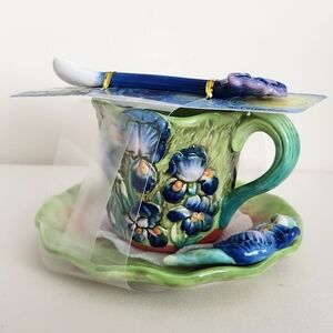 Corner Ruby Floral Iris Flower Ceramic Teacup, Saucer & Spoon Set Van Gogh